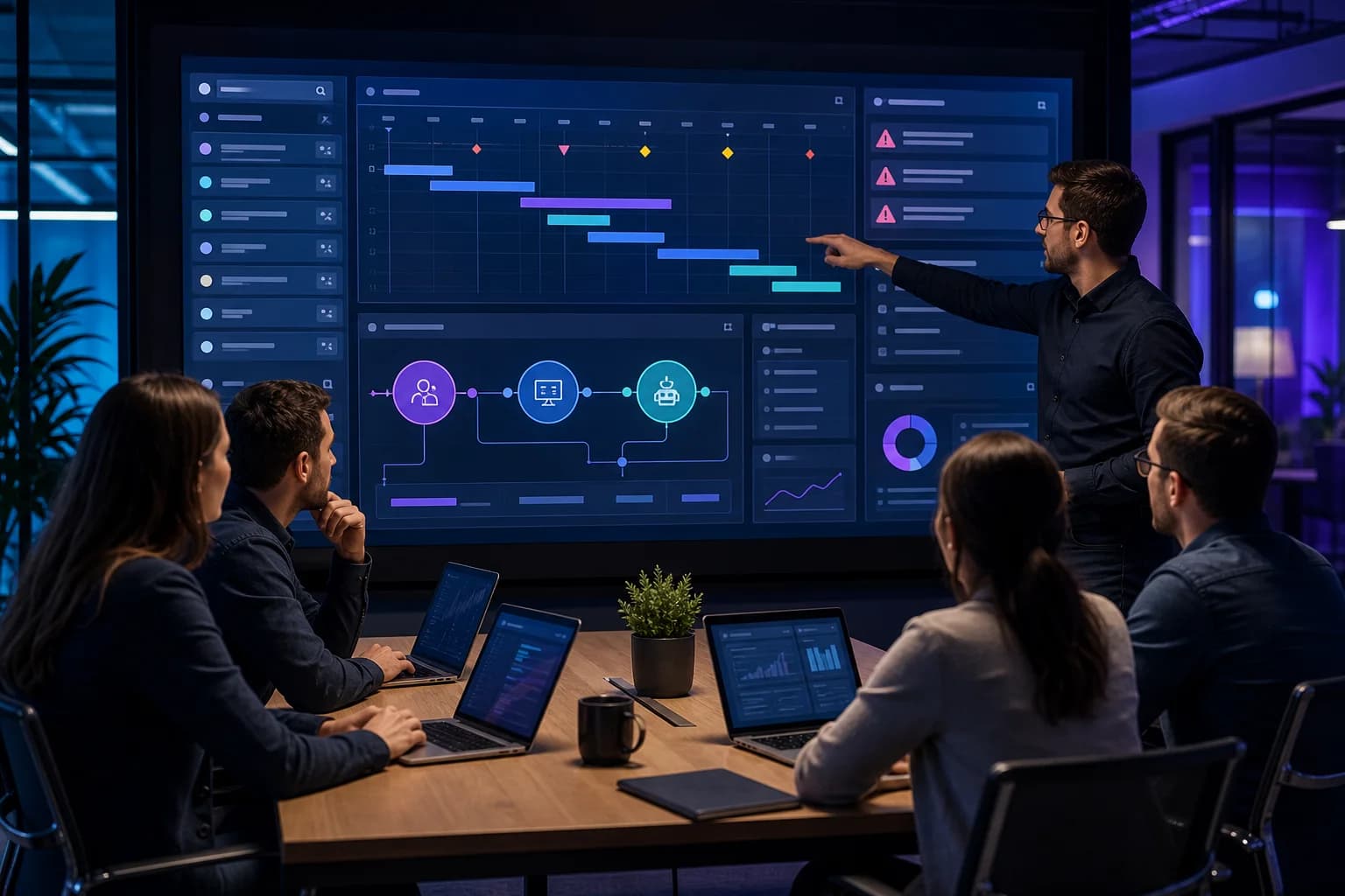 Projektový tým u digitálního dashboardu s časovou osou, backlogem a varovnými indikátory IT projektu.
