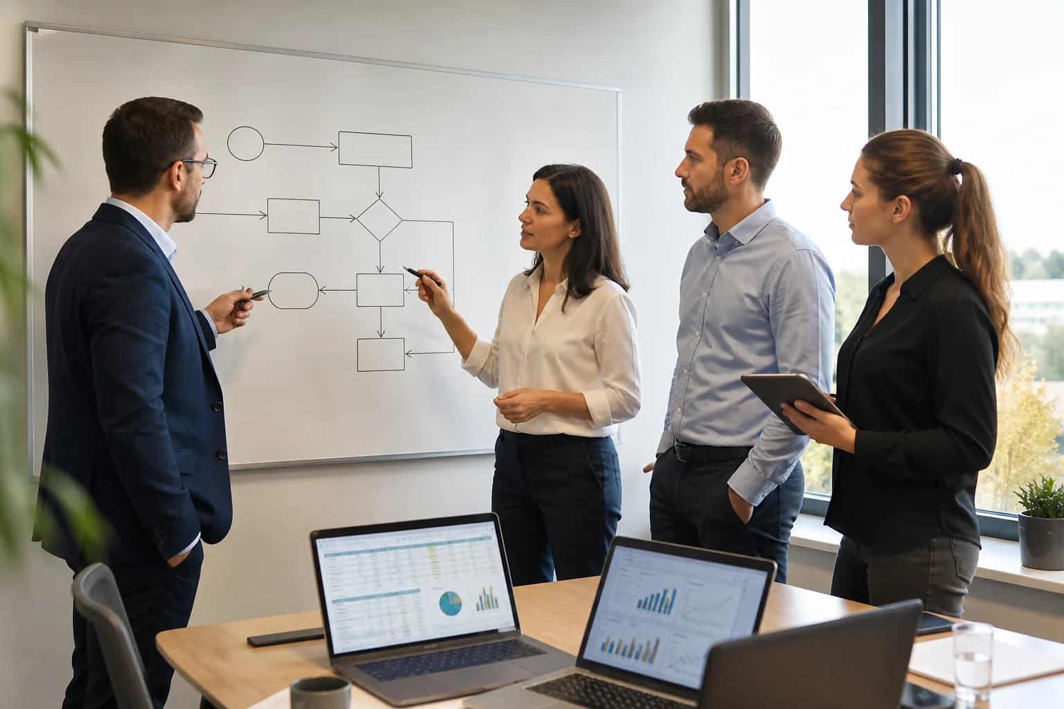 Tým ve firmě analyzuje interní proces u whiteboardu s procesním diagramem a metrikami.