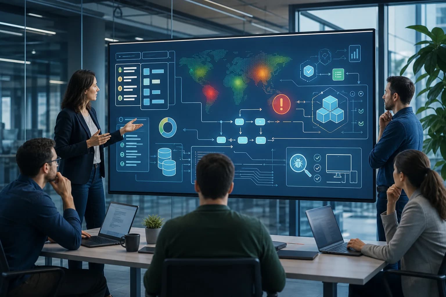 Tým u digitální tabule analyzuje rizika softwarového projektu.