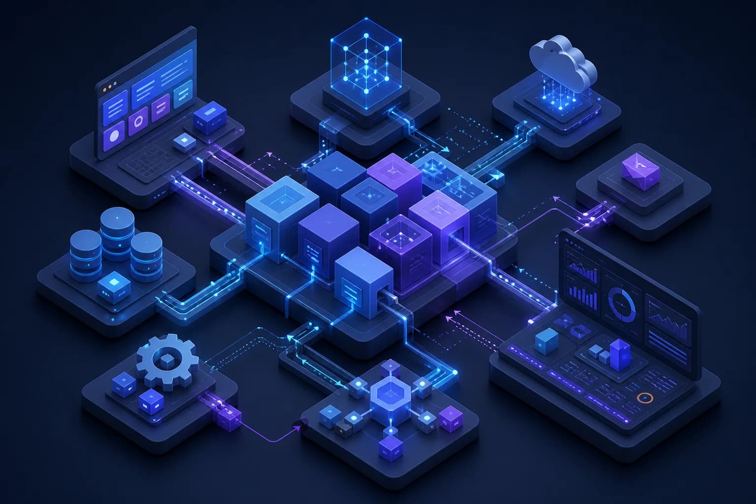 Izometrická ilustrace modulů softwarového systému propojených s databázemi, API a monitoringem.